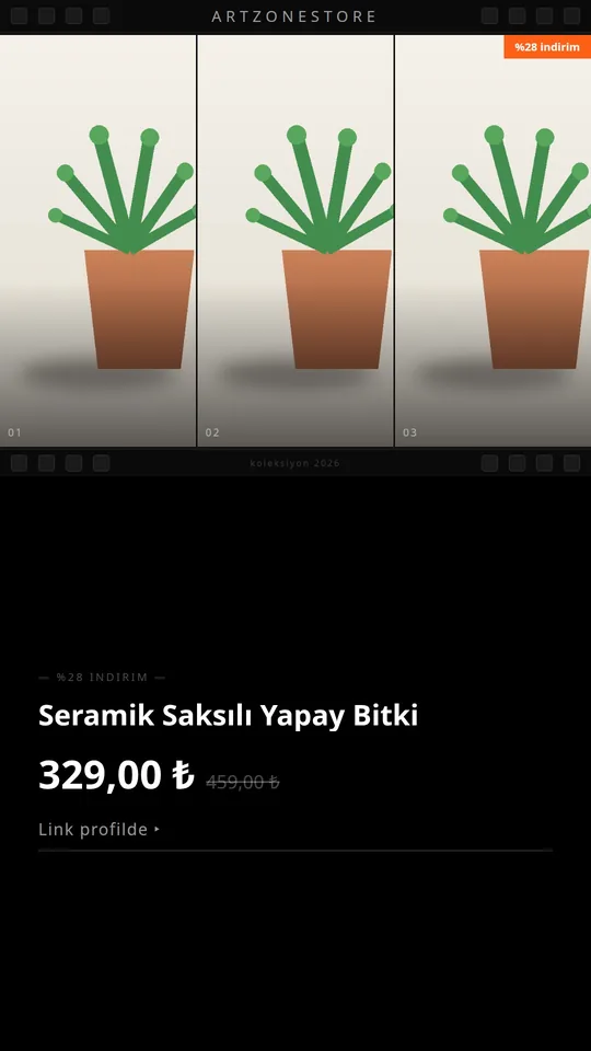 Örnek Instagram Story şablonu: dekoratif saksı seti, film şeridi düzeni ve 199 ₺ fiyat