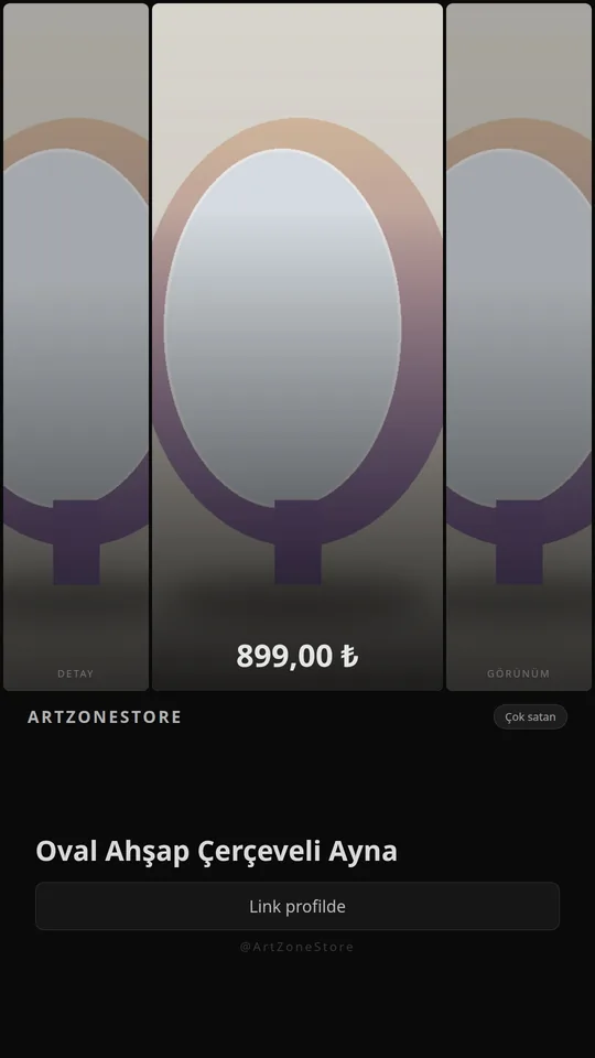 Örnek Instagram Story şablonu: dekoratif duvar aynası, üç panelli görünüm ve 689 ₺ fiyat
